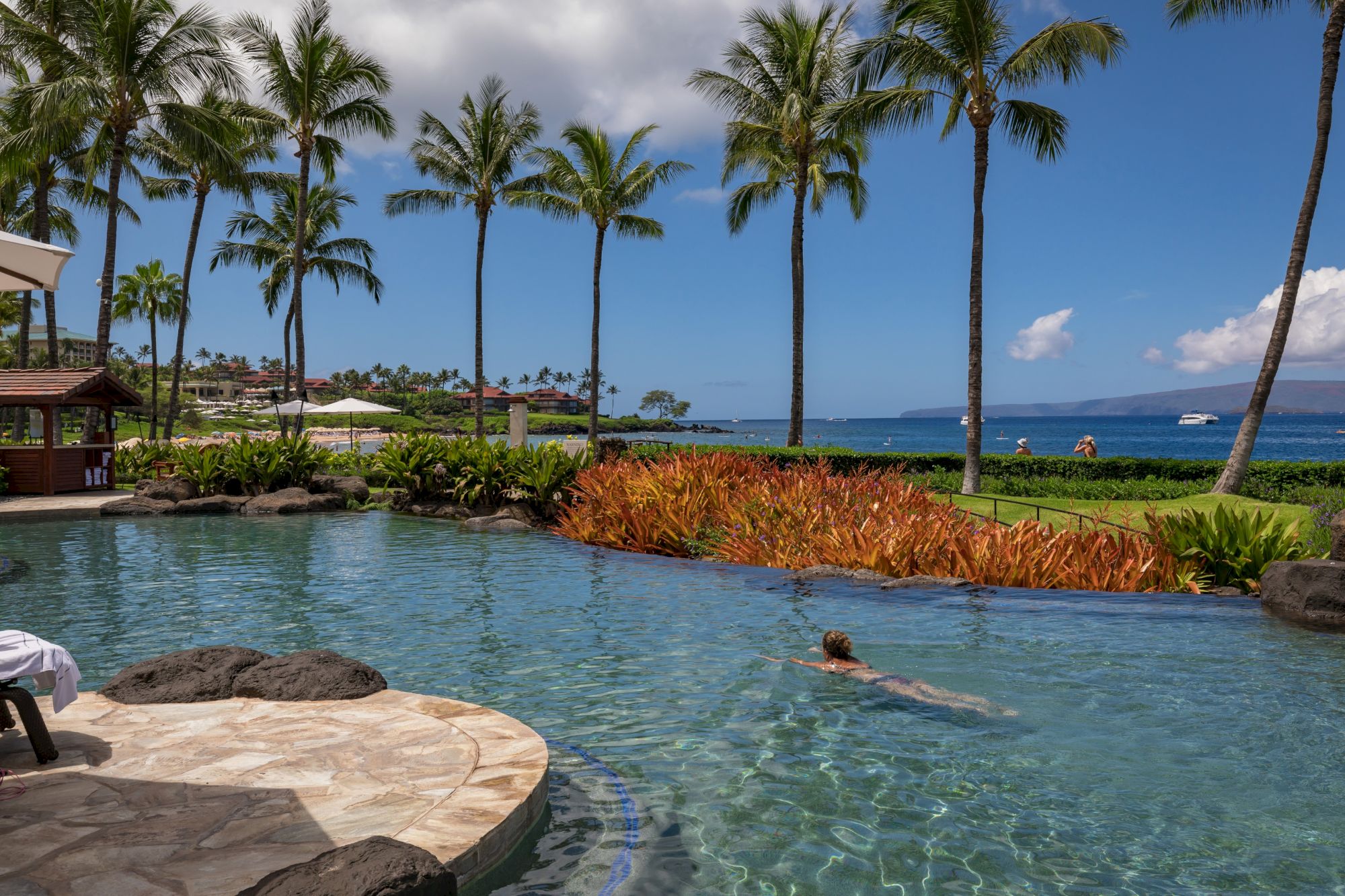 A serene pool view with palm trees, a swimmer, and ocean in the background, showcasing a tropical paradise atmosphere.