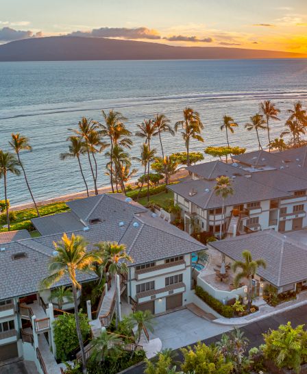 Cozy beachfront complex with gray-roofed buildings, palm trees, and a sunny coastline, perfect for a tropical getaway by the waves.