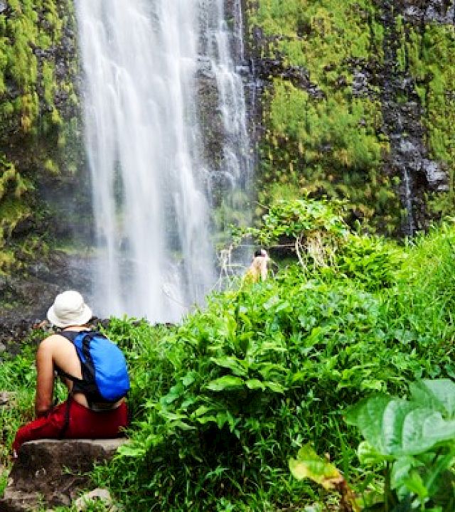 A person with a blue backpack and white hat sits on a rock, admiring a waterfall surrounded by lush green vegetation.