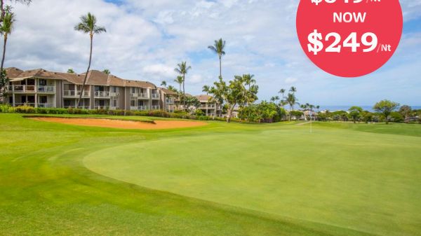 The image features a golf course with vibrant greens and palm trees, alongside a promotional price reduction.