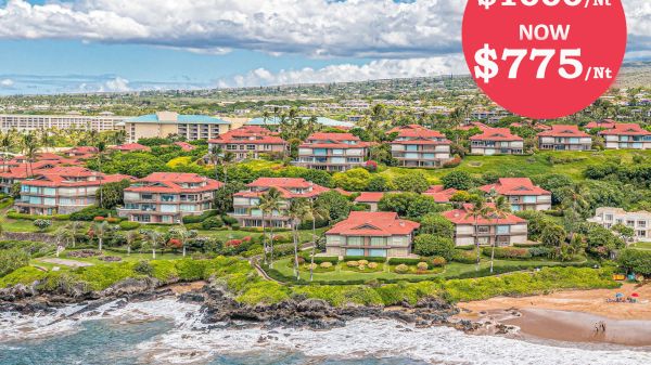 The image shows a coastal resort with red-roofed buildings, pricing details of $1000 reduced to $775 per night.