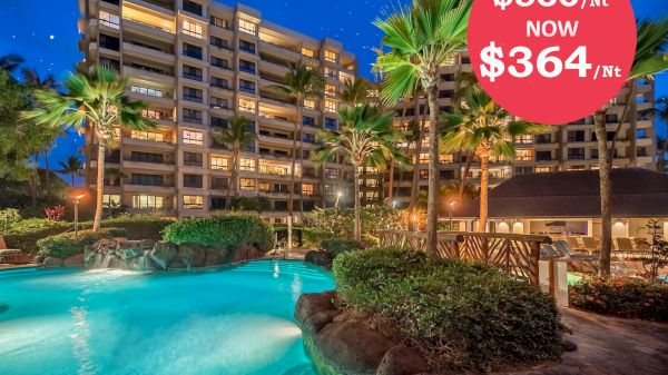 The image shows a multi-story building by a pool at night, with palm trees, and a promotional discount on rental prices.