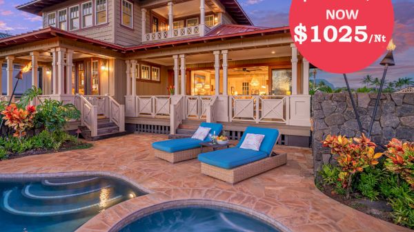 The image shows a beautiful vacation rental with a pool, surrounded by vibrant flowers, featuring a price reduction from $1079 to $1025.