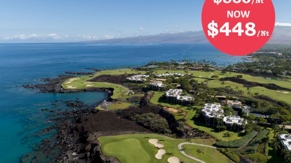 The image shows a coastal golf course with a price drop from $560 to $448. The scenic view includes lush greens and ocean.