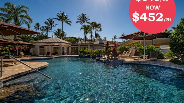 The image shows a beautiful pool area with palm trees, featuring a price drop from $645 to $452 per night. Enjoy the sun!