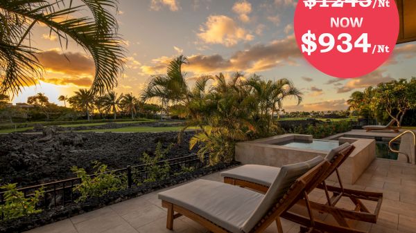 The image shows a scenic view from a patio with lounge chairs, featuring a sunset and promotional pricing for a stay.