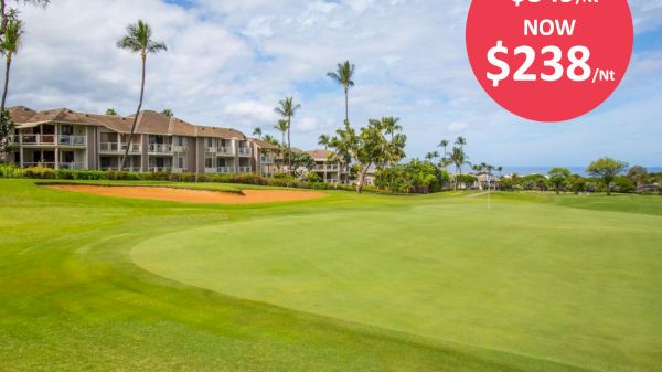 The image shows a golf course with nearby buildings and a price tag indicating a discounted rate from $349 to $238 per night.