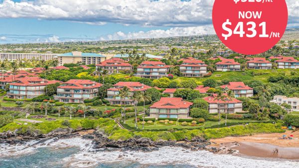This image shows a coastal resort with a discount rate advertised from $520/night to $431/night.