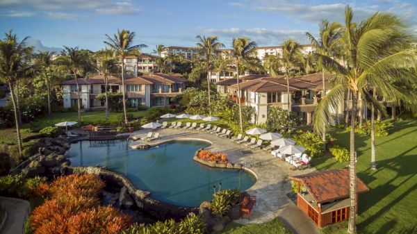 The image shows a tropical resort with a pool, palm trees, and landscaped gardens, creating a serene vacation atmosphere.