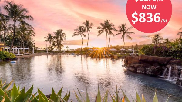 A tropical resort features a serene pool, palm trees, sunset, and an offer: $1279/night reduced to $836/night, shown in a red circle.