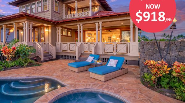 A luxury house with a pool and hot tub, featuring a special rate of $918 per night, previously priced at $1267, highlighted in a red circle.
