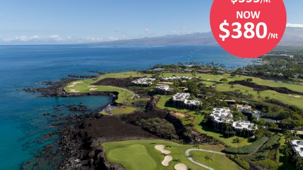 The image shows a scenic aerial view of a coastal golf course with a price drop from $595 to $380 per night indicated in a red circle.