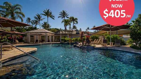 A beautiful swimming pool area surrounded by palm trees and lounge chairs, with a pricing promotion from $625/night to $405/night displayed in the top right corner.