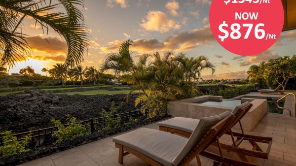 A scenic patio features sun loungers and a hot tub, set against a sunset. Discounted rate from $1345/night to $876/night is highlighted in red.