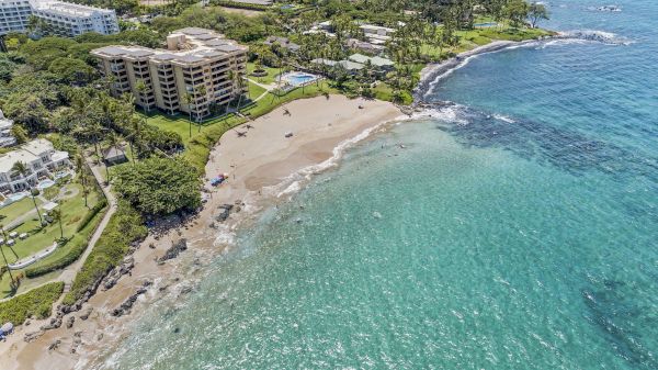 The image shows a coastal area with sandy beaches, turquoise water, palm trees, and nearby buildings nestled among greenery.