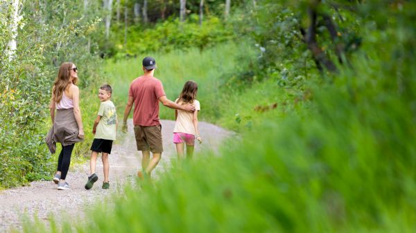 A family of four walks along a winding path surrounded by lush greenery and trees, enjoying a leisurely day outdoors.