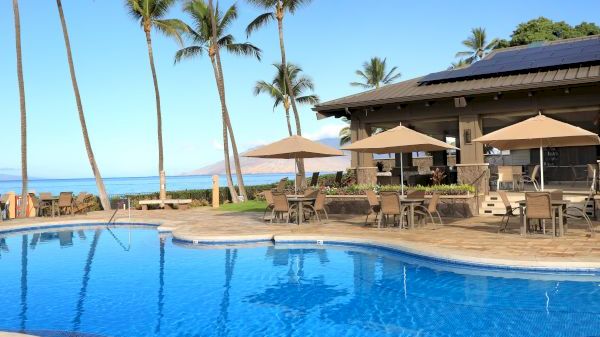 The image shows a serene pool area with palm trees and lounge chairs, set against a stunning blue sky and ocean backdrop.