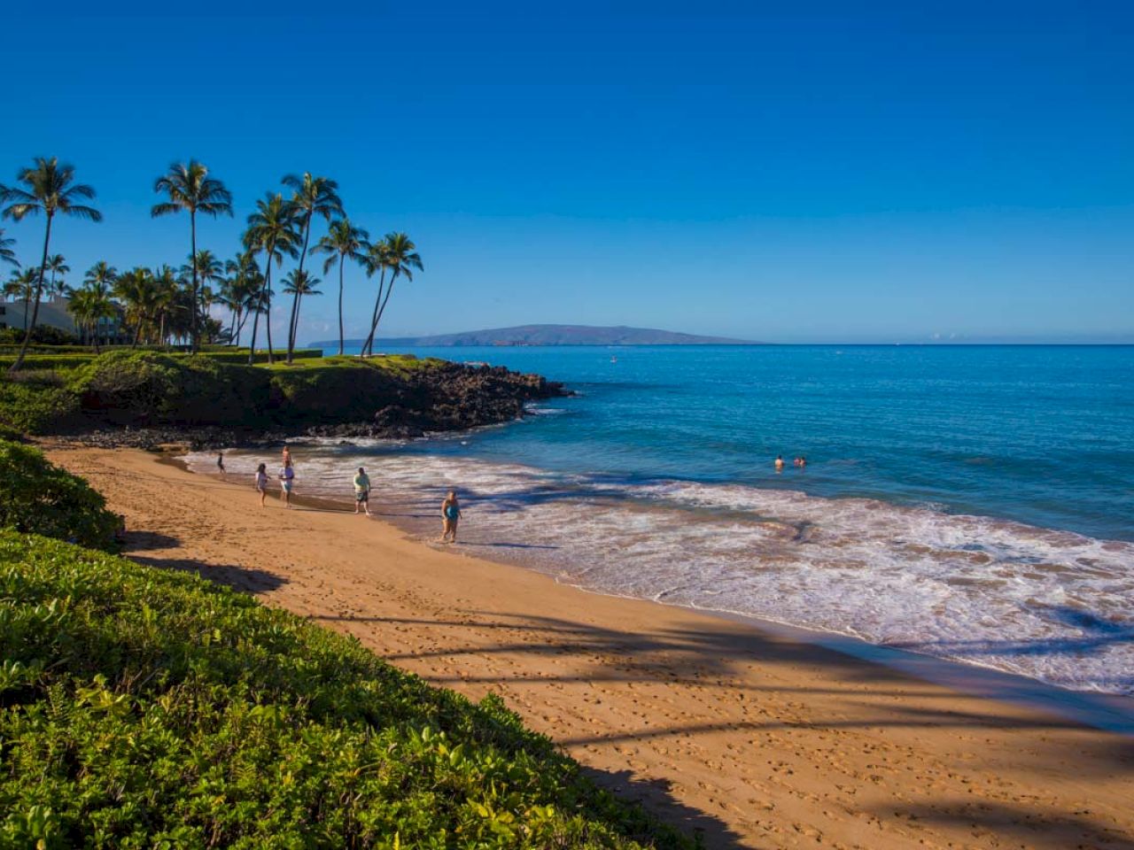 The image shows a serene beach scene with clear blue water, gentle waves, and palm trees along the shore. It's peaceful and inviting.