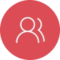 The image shows a simple icon of two stylized human figures in a circular red background. It represents people or community.