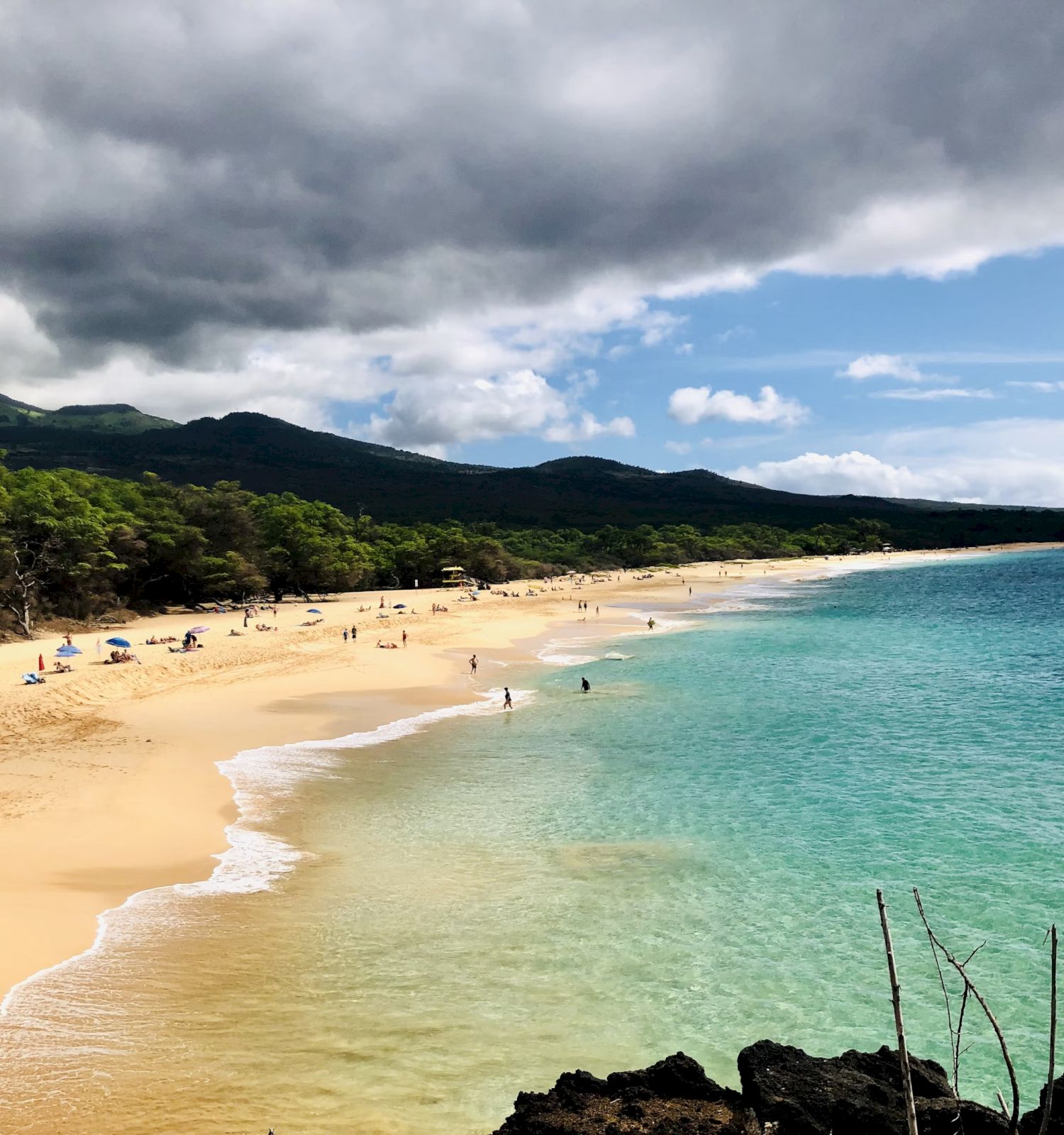 A scenic beach with golden sand meets calm turquoise waters, surrounded by green hills under a cloudy sky. Peaceful atmosphere.