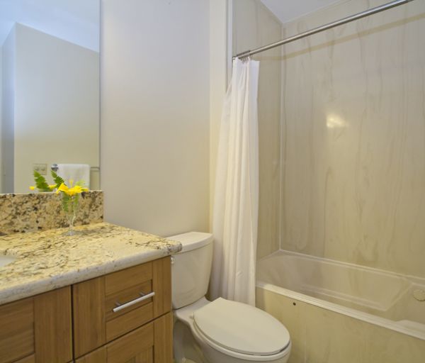 The image shows a bathroom with a sink, countertop, toilet, and a shower with a curtain. It's clean and modern in design.