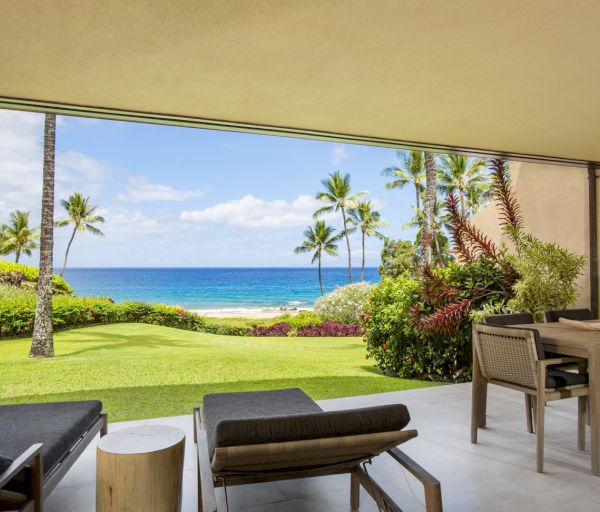 The image shows a beautiful patio overlooking a beach with palm trees, featuring outdoor furniture and a serene ocean view.