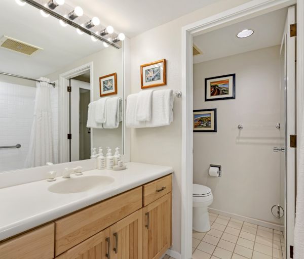 The image shows a clean bathroom featuring a sink, wooden cabinetry, towels, and framed pictures on the walls.