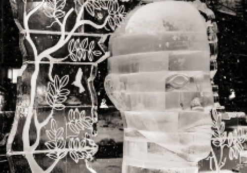 The image features a detailed ice sculpture of a head, surrounded by intricate designs of trees and birds, set against a winter backdrop.
