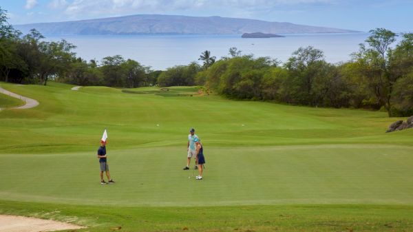 The image shows three golfers on a green, surrounded by lush trees, with an island and hills in the background under a blue sky.