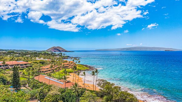 The image shows a scenic coastal view with clear blue waters, palm trees, and islands visible in the distance under a bright sky.
