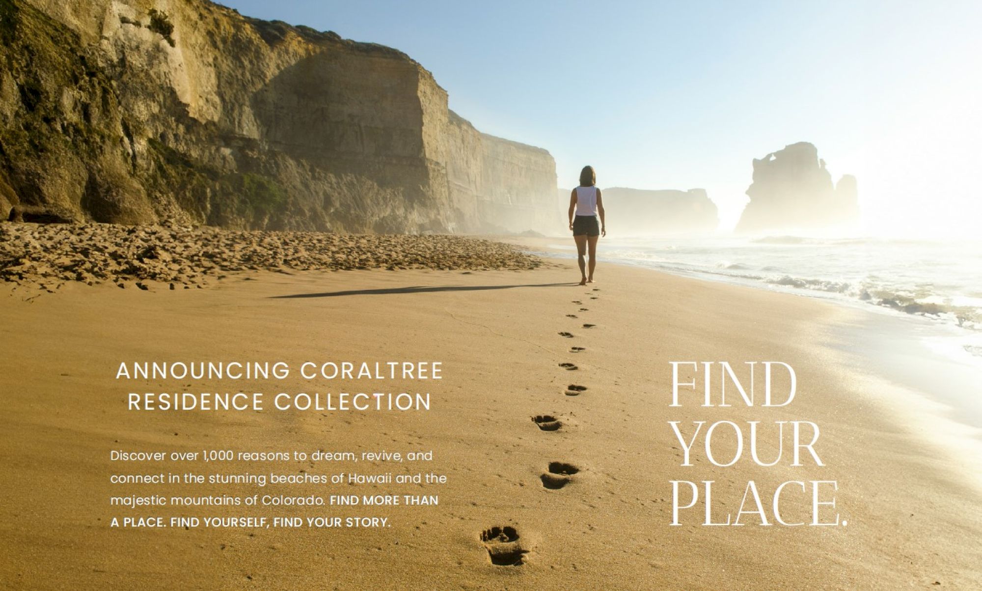 The image features a person walking on a beach, with text promoting the CoralTree Residence Collection and inviting to find a place.