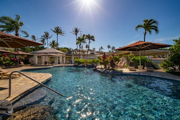 The image features a serene pool area surrounded by palm trees, sunlit umbrellas, and a clear blue sky, perfect for relaxation.