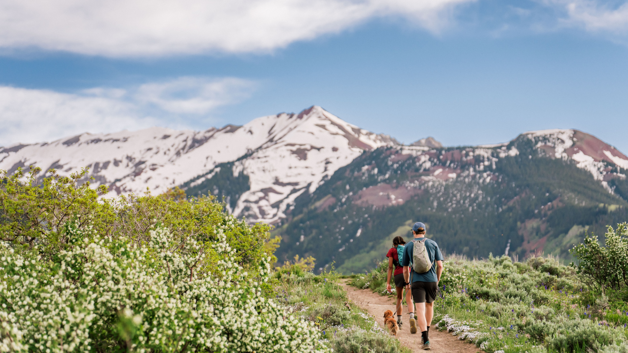Two people and a dog hiking on a trail with snow-capped mountains in the background.