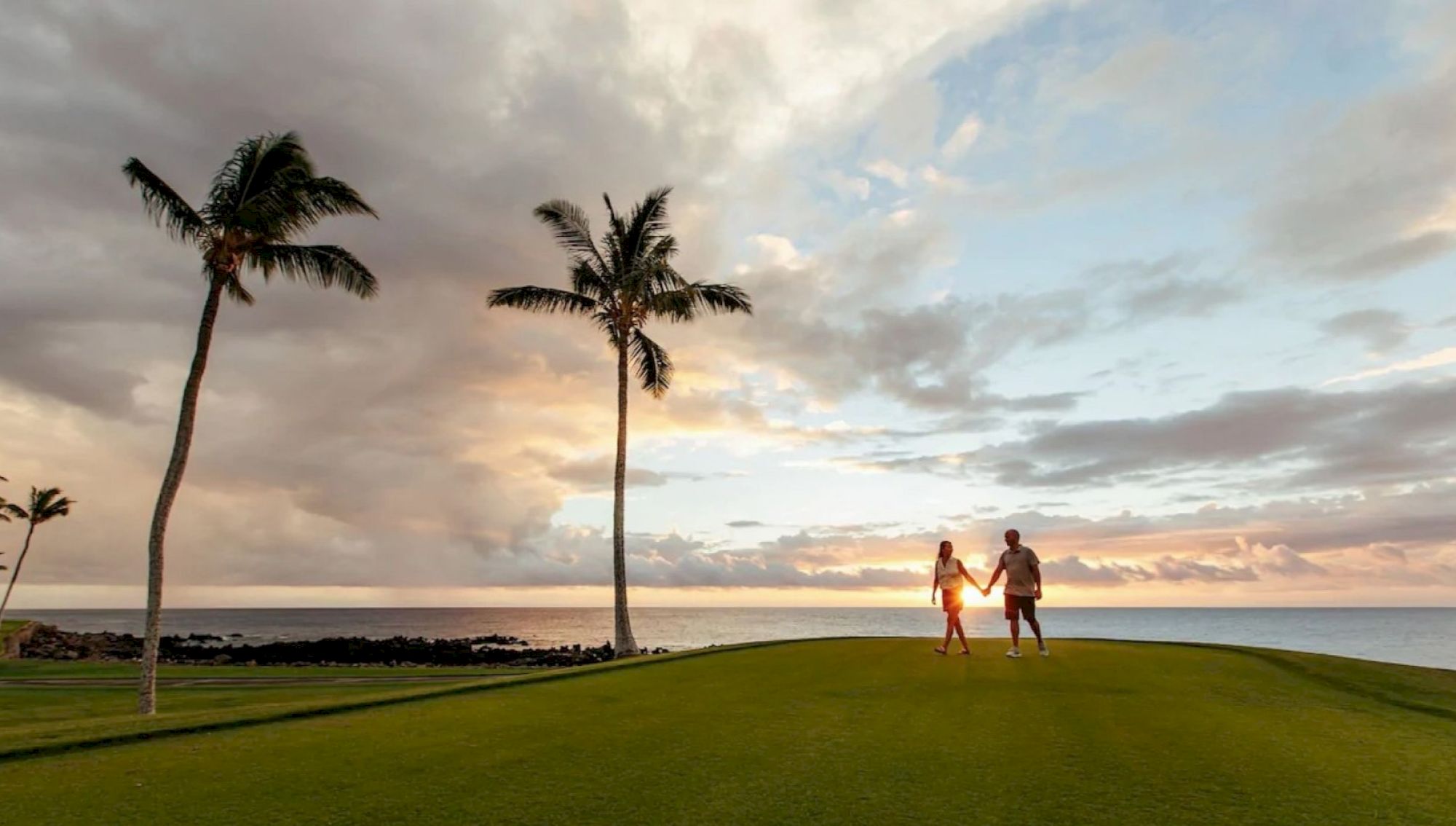 A couple holds hands on a grassy area at sunset, with palm trees and a beautiful sky in the background. It looks serene.