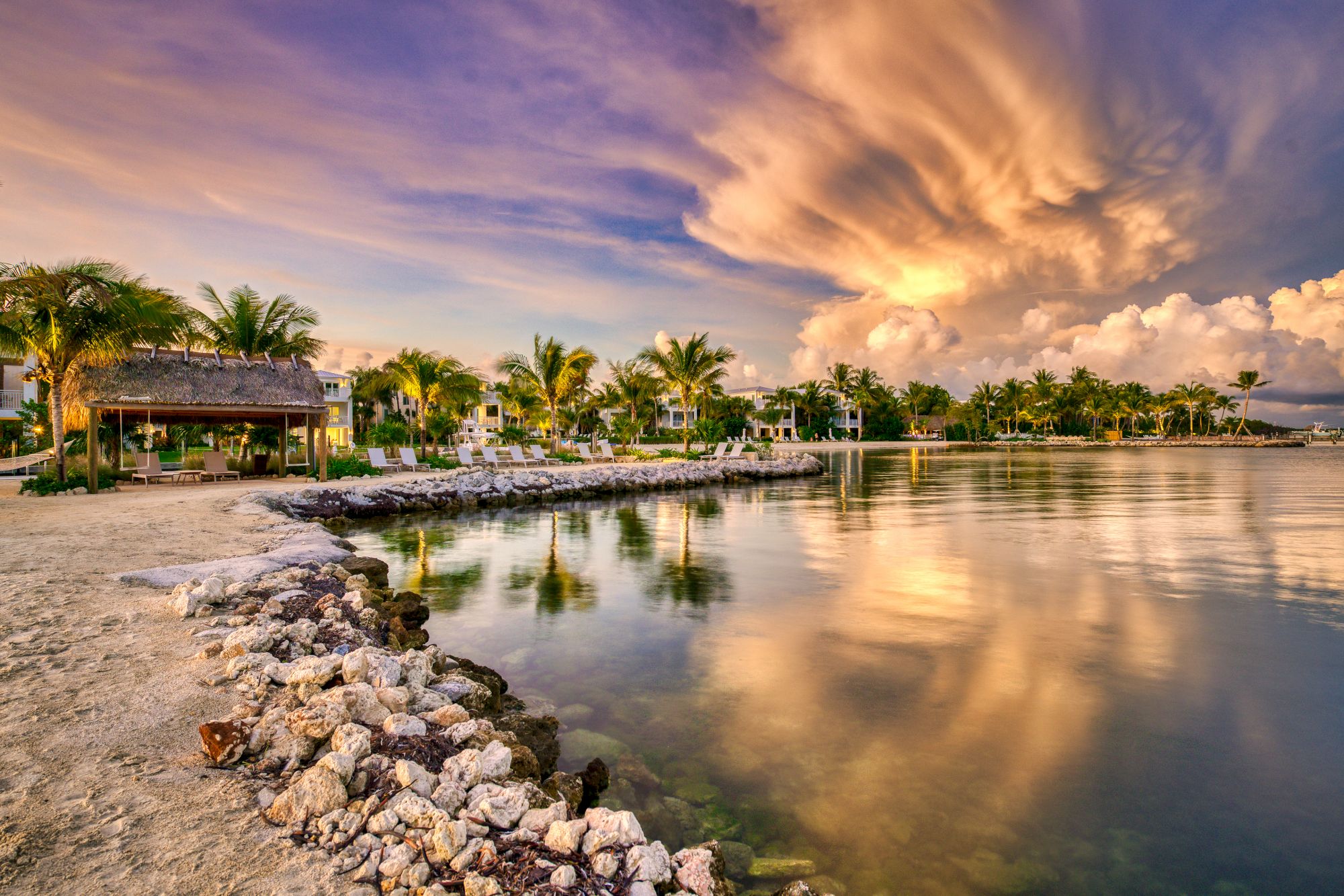 The image shows a serene waterfront scene at sunset, featuring palm trees, a beach, and colorful clouds reflecting in the water.