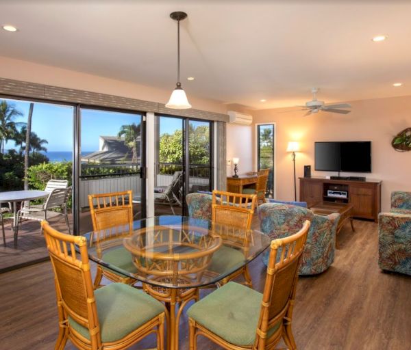 The image shows a bright living area with a dining table, chairs, a television, and large windows opening to an outdoor view.