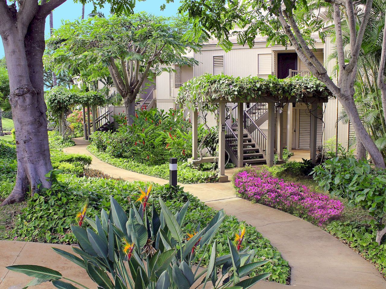 The image depicts a lush garden pathway lined with colorful flowers and greenery, leading to a building surrounded by trees.