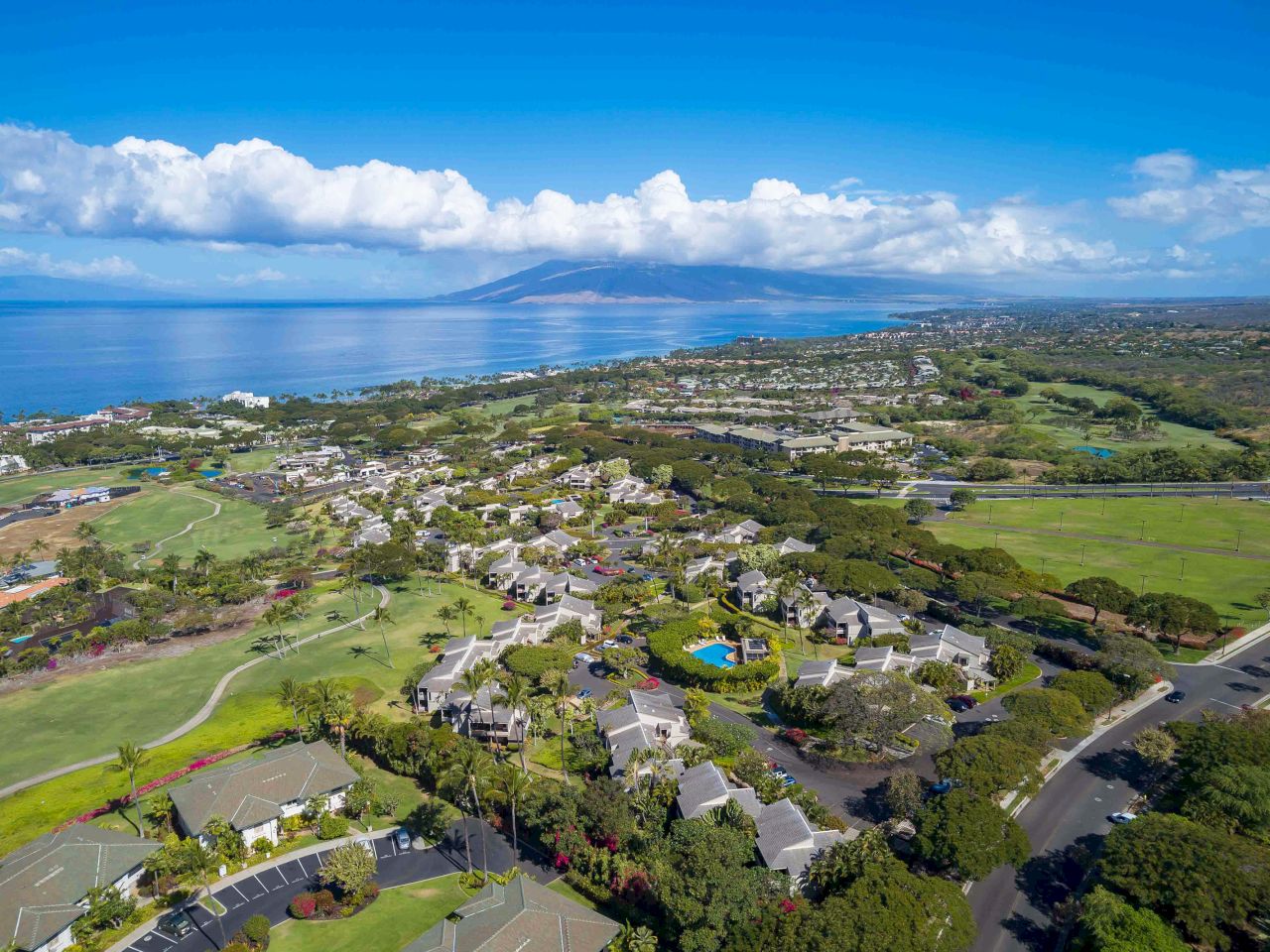 The image shows a scenic aerial view of a coastal area with lush greenery, homes, and the ocean under a clear blue sky.
