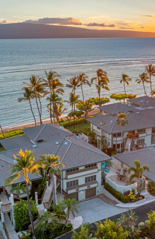 The image shows a stunning sunset over a beach with palm trees and coastal buildings, capturing a serene tropical atmosphere.