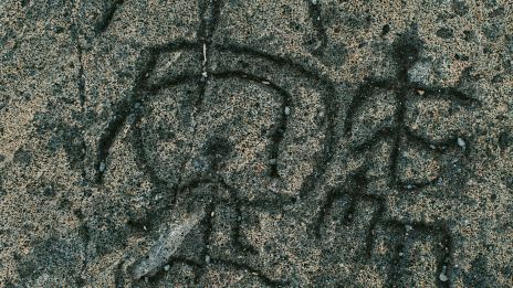 The image shows ancient carvings or petroglyphs on a rocky surface, featuring intricate designs and patterns.
