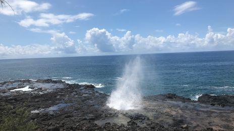 The image shows a rocky coastline with a water spout, blue ocean, and clouds against a bright sky. It captures a scenic seascape.