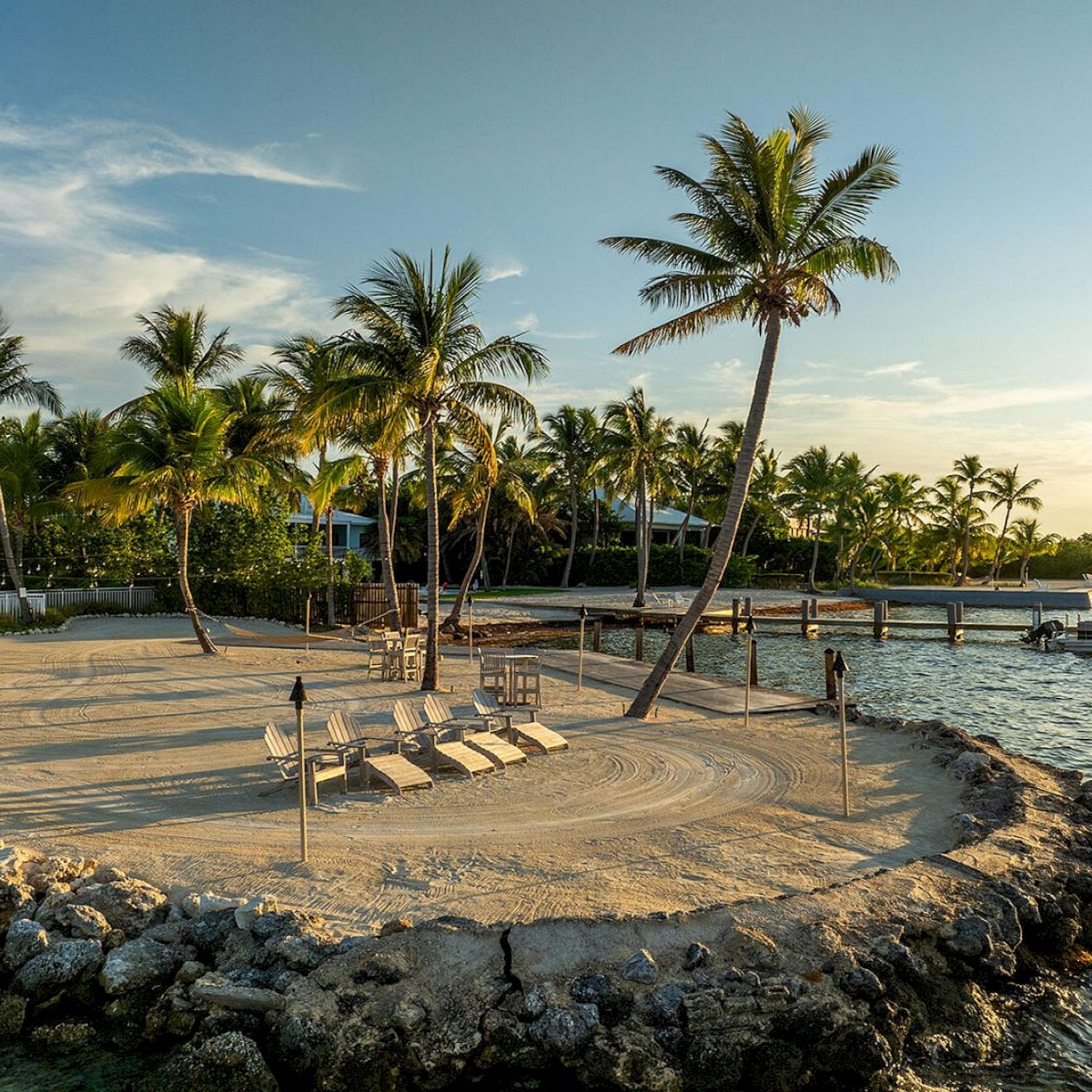 The image shows a serene beach scene with palm trees, lounge chairs on a sandy area, and calm waters at sunset.