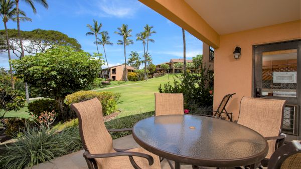The image shows a patio area with a round table and chairs, overlooking lush greenery and palm trees under a clear blue sky.