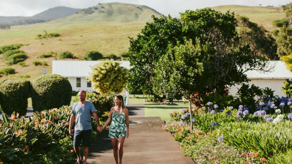 A couple walks hand in hand through a lush garden, surrounded by trees and flowers, with rolling hills in the background.