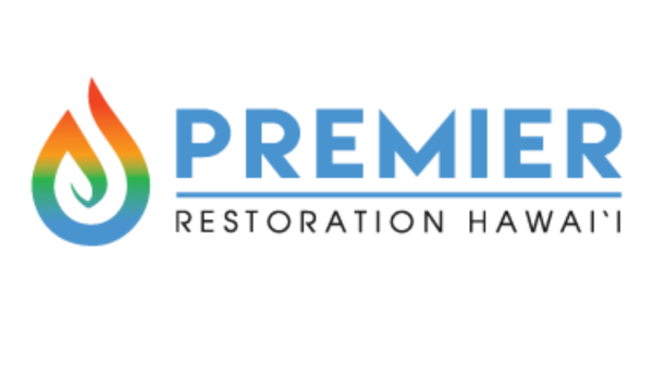The image features a logo for Premier Restoration Hawai'i, with colorful water droplet and text.
