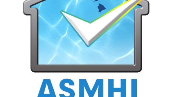 Logo for ASMHI with a house, checkmark, pool reflection, and website asmhi.com. Text: "A Sound Mind Home Inspection."