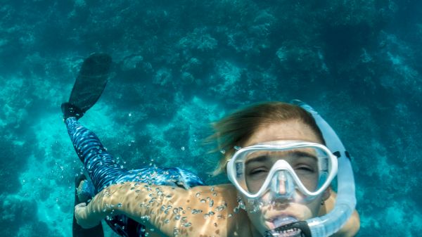 A person is snorkeling underwater in clear blue water, wearing a diving mask and flippers, surrounded by a vibrant underwater scene.