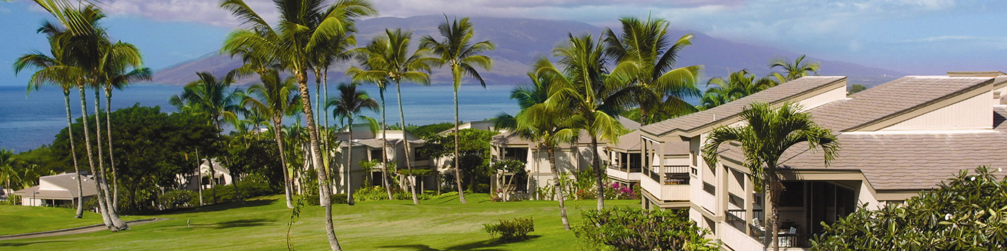 The image features a tropical resort with lush greenery, palm trees, and ocean views, set against a backdrop of distant mountains.