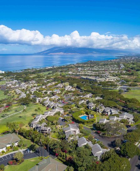The image shows a scenic aerial view of a coastal area, featuring greenery, homes, and calm waters under a blue sky.
