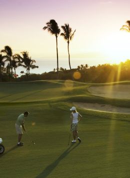 The image shows two golfers on a sunny course with palm trees, a golf cart nearby, and a beautiful sunset in the background.